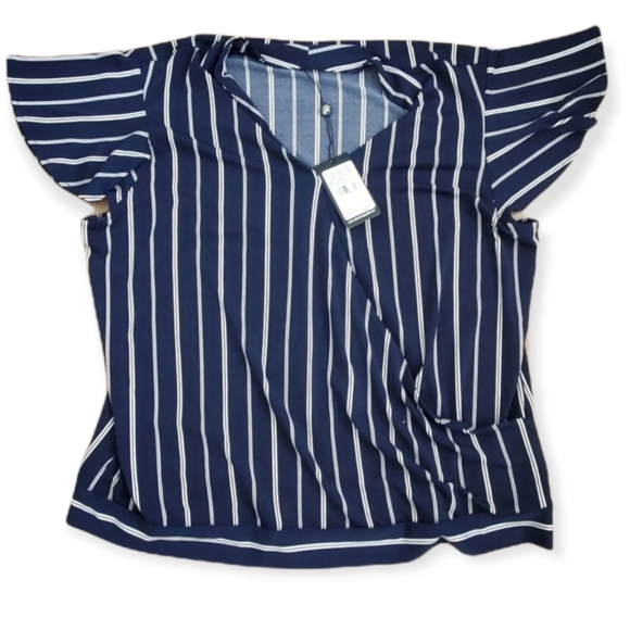 Adrianna Papell Tops - ADRIANNA PAPELL NAVY STRIPED FAUX WRAP BLOUSE- XL